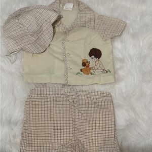 Kids Beige Plaid vintage Set with Cap - Cute Puppy Embroidery